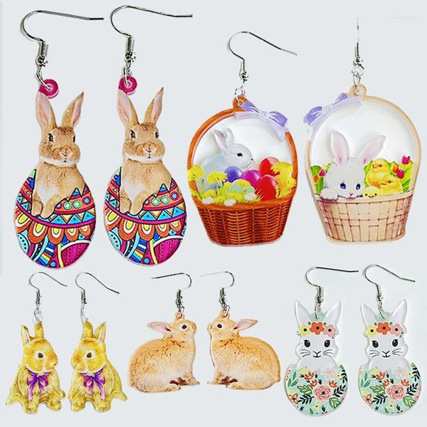 Pendientes colgantes lindos de madera cesta de flores de Pascua gota para mujeres divertido colorido huevo pollito animales fiesta joyería regalo