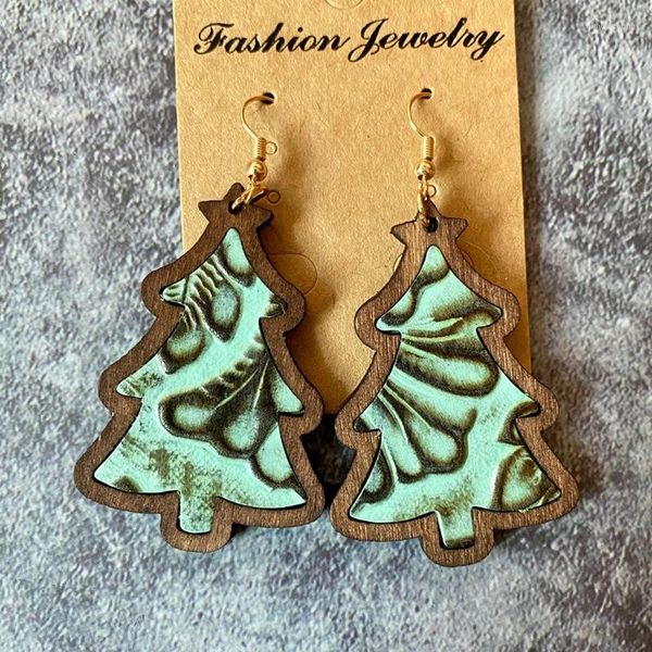 Boucles d'oreilles pendantes découpées en cuir véritable, arbre de noël en bois pour femmes, bijoux de joyeux noël, cadeau, vente en gros