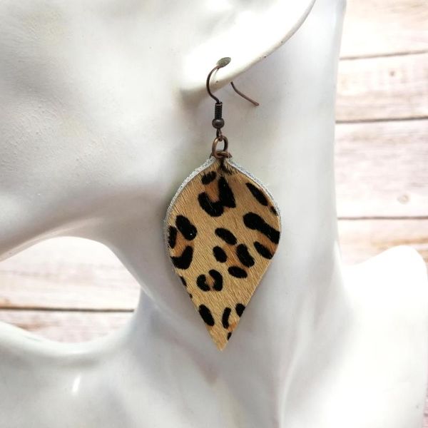 Pendientes colgantes hoja recortada guepardo peludo cuero genuino gota gancho mujeres ligero Animal leopardo cebra joyería regalos