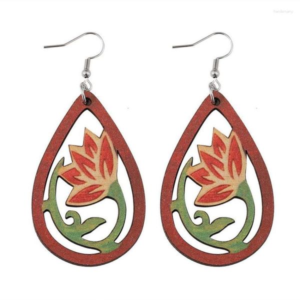 Boucles d'oreilles pendantes découpe bois Lotus fleur larme pour les femmes léger fleur demoiselle d'honneur bijoux en gros