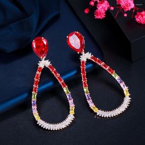 Pendientes colgantes CWWZircons Druzy CZ Cristal rojo Gran gota larga redonda para mujer Desfile festivo Accesorios de joyería para fiesta de boda CZ890