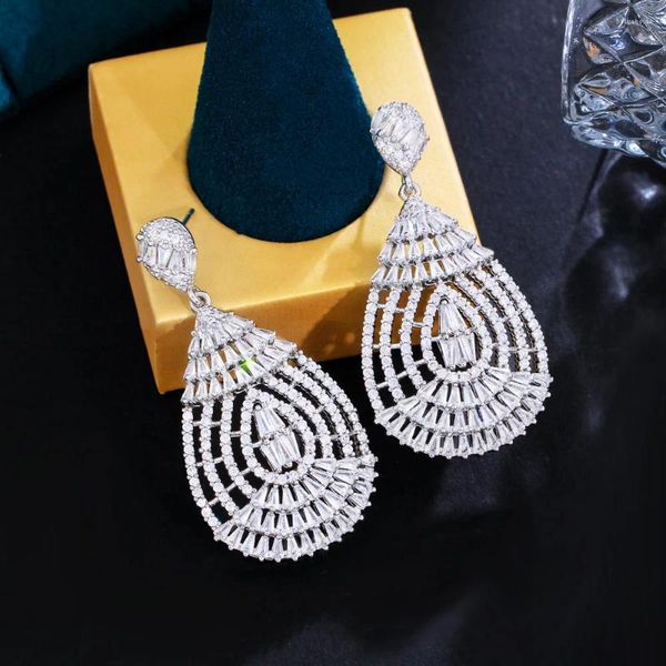 Boucles d'oreilles pendantes CWWZircons glamour blanc cubique Zircon pavé couleur or longue pendante goutte mariées mariage boucle d'oreille bijoux pour femmes CZ551