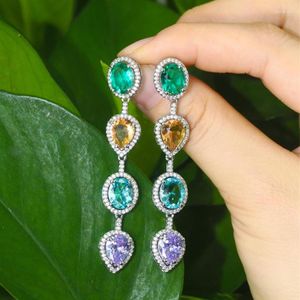 Boucles d'oreilles pendantes CWWZircons vert bleu cubique Zircon cristal pendant longue goutte d'eau ligne d'oreille à la mode dames Boho bijoux de fête CZ72304O