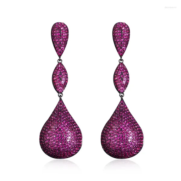 Pendientes colgantes CWWZircons lujo grandes bolas de gota de agua largo Micro pavé rosa rojo joyería de circón cúbico para mujeres boda nupcial E0392