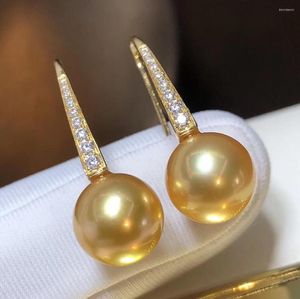 Boucles d'oreilles pendantes D420 perle bijoux fins solide 18K or rond 8-9mm océan mer eau perles dorées goutte pour les femmes