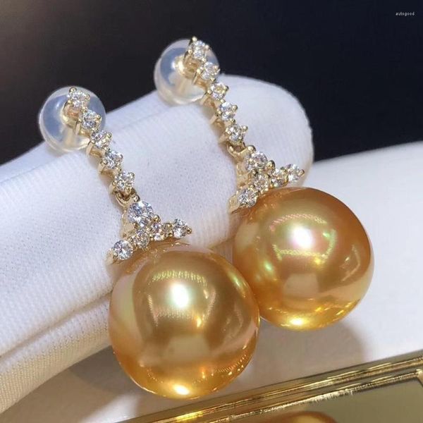 Boucles d'oreilles Dangle D506 Perle Fine Jewelry Solide 14K Or Presque Ronde 10-11mm Nature Eau de Mer Perles Dorées Goutte