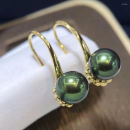 Pendientes colgantes D510 perla joyería fina plata de ley 925 redonda 8-9mm naturaleza agua dulce verde pavo real perlas gota