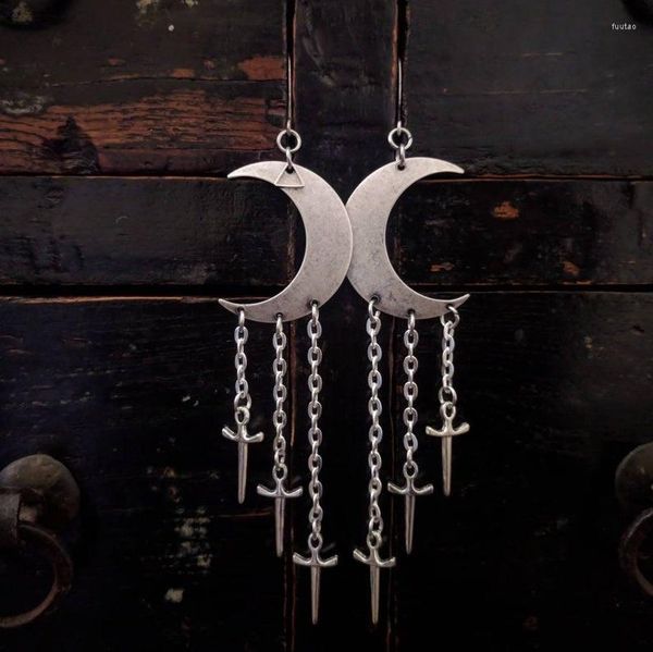Boucles d'oreilles pendantes Dague - Croissant de Lune Épée Longue Gothique Gothique Sorcière Céleste Bijoux