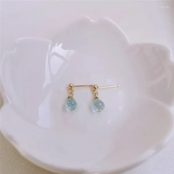 Pendientes colgantes DAIMI Gota de agua facetada Topacio azul Piedras preciosas genuinas femeninas Gema llena de oro de 14 k personalizada