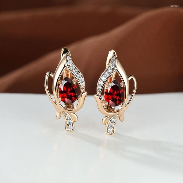 Boucles d'oreilles pendantes délicates rubis rouge fleur Clips Champagne couleur or créatif creux feuille florale pour les femmes cadeau de noël