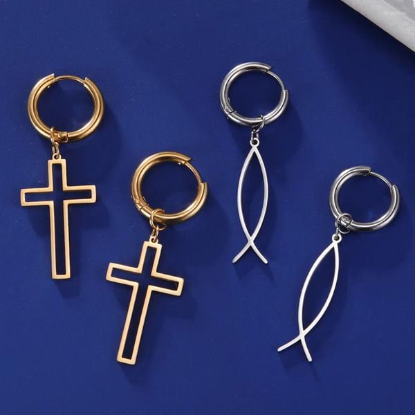 Pendientes colgantes Dawapara Cruz Charm Ichthys Jesús Pez Símbolo Cristiano Aro Amuleto Católico de Acero Inoxidable