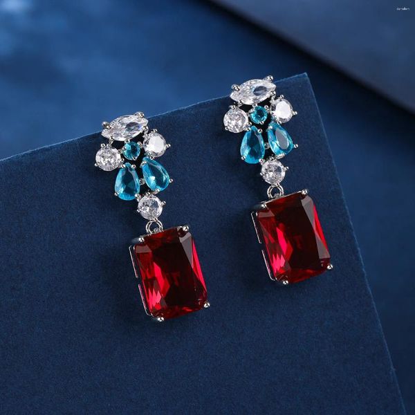 Boucles d'oreilles pendantes éblouissantes en zircone cubique, rouge, vert, carré, goutte pour femmes, robe de soirée, bijoux à la mode, CE12077