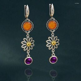 Dangle Oorbellen Delicate Holle Bloem Ronde Oranje Zilver Kleur Accessoires Paarse Steen Verklaring Drop Voor Vrouwen