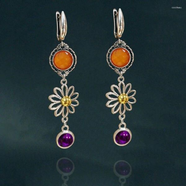 Boucles d'oreilles pendantes pour femmes, fleur creuse délicate ronde, accessoires de couleur Orange argent, pierre violette, goutte de déclaration