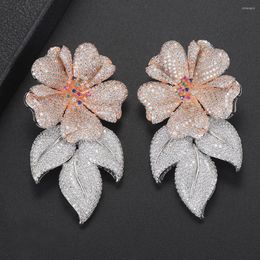 Boucles d'oreilles pendantes déclaration de luxe grande fleur feuille pleine zircone cubique incrusté goutte bijoux de mode pour les femmes mariage