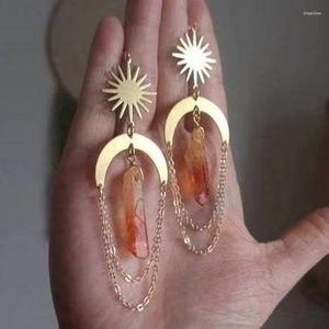 Boucles d'oreilles pendantes Design bohème fait à la main en cristal naturel cerceau pour les femmes soleil lune Chakra énergie de guérison bijoux