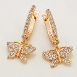 Boucles d'oreilles pendantes Design papillon creux, couleur or Rose 585, bijoux créatifs en Zircon naturel blanc pour femmes, goutte de luxe