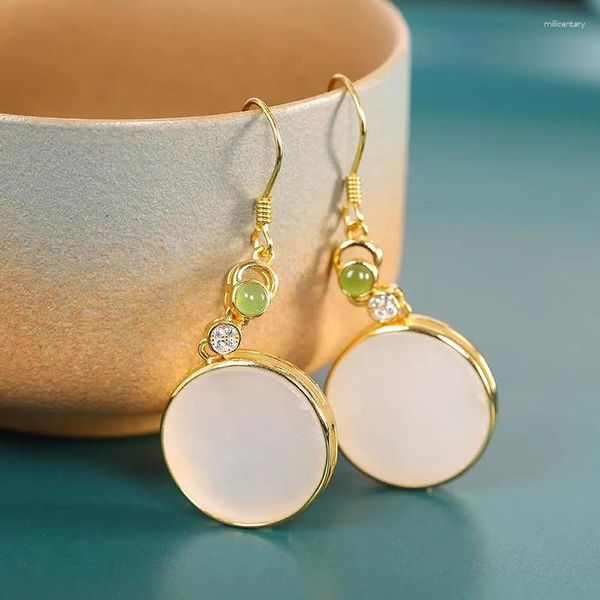 Boucles d'oreilles pendantes Design naturel Hetian blanc Jade disque Style chinois rétro bohème Designer artisanat charme femmes bijoux en argent