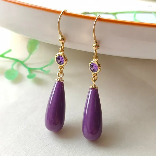Boucles d'oreilles pendantes en Mica violet naturel, Style Simple, incrusté d'améthyste, crochet d'oreille pour femme