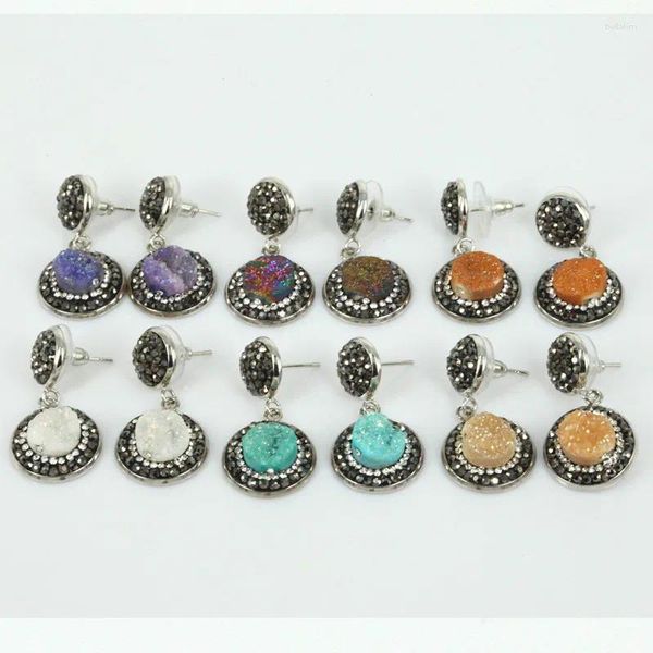 Pendientes colgantes Diseño Gota de agua redonda Gris Azul Druzy Piedra Charms Pave Pequeño Negro Blanco Rhinestone Conector Pendiente para mujeres 2023