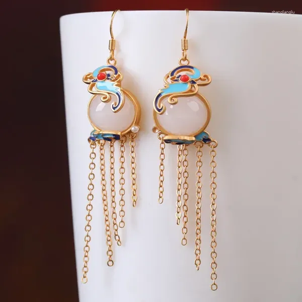 Boucles d'oreilles pendantes Designer Original Hetian Jade Émail Porcelaine Gland Papillon Exquis Rétro Style Chinois Dames Bijoux En Argent