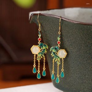 Boucles d'oreilles pendantes de styliste pour femmes, bijoux originaux naturels, Jade bleu vert, phénix, Vintage, Style chinois, rayonnant