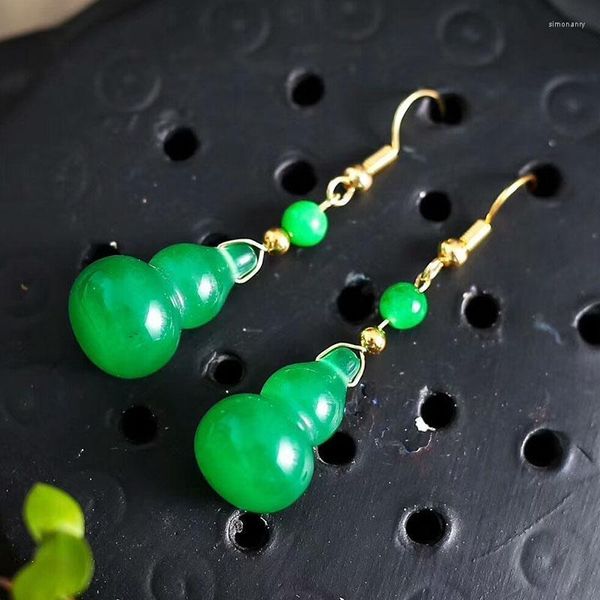 Boucles d'oreilles pendantes DIY Naturel Vert Jade Gourde Perles Charme Jadéite Bijoux Accessoires De Mode Sculpté À La Main Chance Amulette Cadeaux Sa Femme