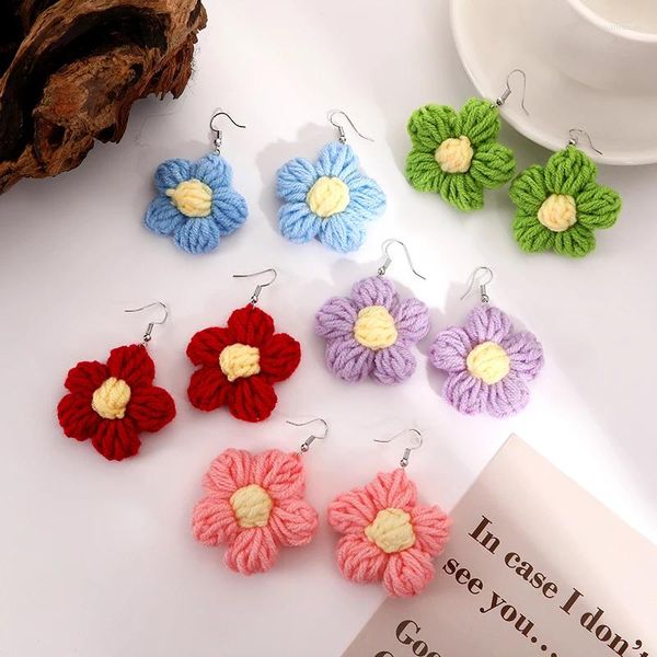 Boucles d'oreilles pendantes en laine douce et mignonne, couleur bonbon, pendentif fleur pour filles, mode coréenne, jolis petits crochets d'oreille, bijoux cadeau de fête