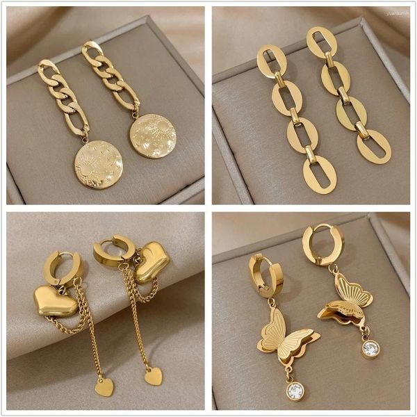 Pendientes colgantes DODOHAO 316L Acero inoxidable Corazón Mariposa Redonda Gota larga para mujer Joyería de oreja geométrica de color dorado de alta calidad