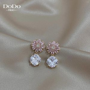 Boucles d'oreilles en peluche dodahao rose grand fleur de cristal goutte pour femme coréenne bijoux de mode de mariage fille fille élégance accessoires de boucle d'oreille