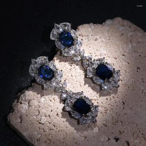 Boucles d'oreilles pendantes Double topaze bleue, zircone cubique, goutte de pierre CZ pour femmes, couleur argent, bijoux cadeau de fête de Banquet