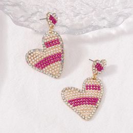 Boucles d'oreilles pendantes DOUBLE cœur saint-valentin pour femmes, pavé de strass rose, bijoux de saint-valentin, accessoires d'amour