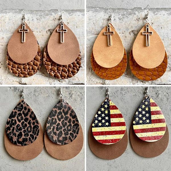 Boucles d'oreilles pendantes Double couche en cuir, Denim occidental, drapeau américain imprimé léopard vache rétro, déchirure croisée, jour de l'indépendance