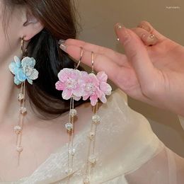 Pendientes colgantes de doble cara de cristal rosa con borlas de flores para mujer, joyería de moda dulce exagerada