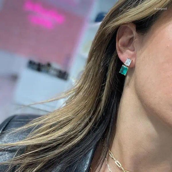 Pendientes colgantes de doble cara, parte delantera trasera, rectángulo geométrico, blanco, verde, rosa, CZ, pendiente de moda para niñas