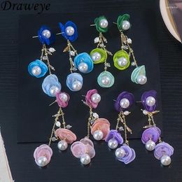 Boucles d'oreilles pendantes pour femmes, bijoux De printemps et d'été, fleurs, perles, douces, mode coréenne, bijoux colorés et élégants