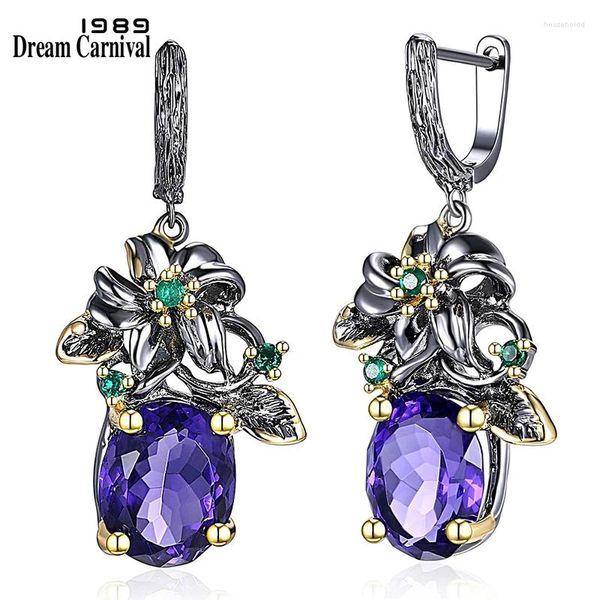 Pendientes colgantes DreamCarnival 1989 Pendientes elegantes con precios increíbles Aspecto de flor Azul grande CZ Pistola Negro Plus Base de color dorado Joyería diaria