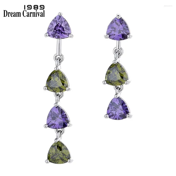 Boucles d'oreilles pendantes DreamCarnival1989 asymétriques pour femmes, différentes longueurs, Triangle Olivine violet Zircon, bijoux mignons WE4214