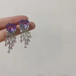 Pendientes colgantes con diseño de borla de amor púrpura de ensueño, gota de cristal con temperamento de moda