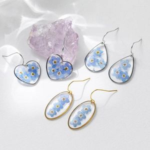 Boucles d'oreilles en pente fleur séchée oublie moi pas résine bleu forme de coeur sauvage bijoux floral sèche pour les femmes cadeaux de la fête des mères