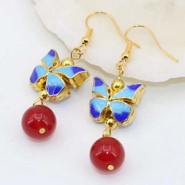 Boucles d'oreilles pendantes goutte 13 16mm couleur or papillon cloisonné violet Jades longue mode femmes bijoux B2632