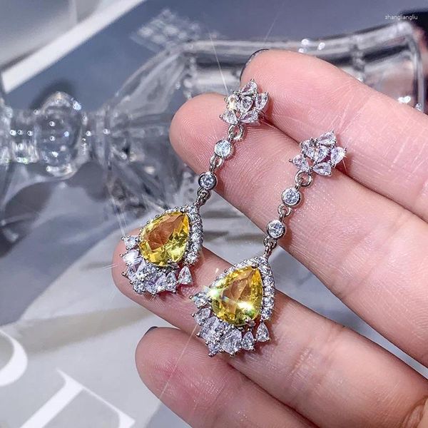 Pendientes colgantes Pendiente de gota para mujer 925 Aguja de plata Brillo Creado Piedra preciosa de citrino Joyería fina Accesorios para pendientes de fiesta de moda