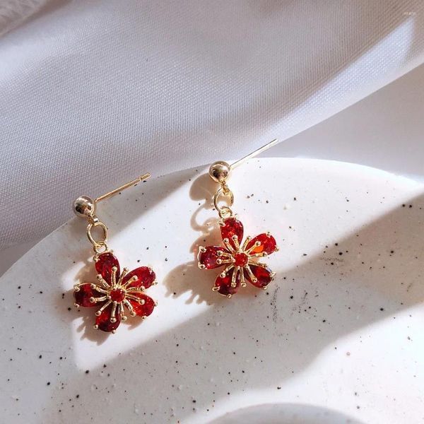 Boucles d'oreilles pendantes pour femmes, en Zircon exquis, Style National, fleur rouge, accessoires de bijoux, vente en gros