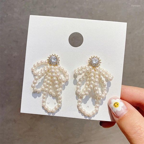 Pendientes colgantes para mujer, aretes elegantes con lazo de perlas, accesorios de joyería de cristal, venta al por mayor