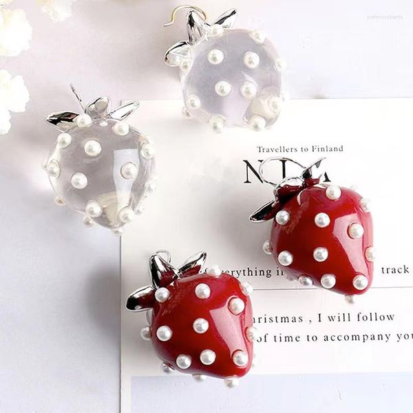 Boucles d'oreilles pendantes goutte douce perle résine transparente fraise pour femmes fille mignon rouge acrylique fruits bijoux cadeau