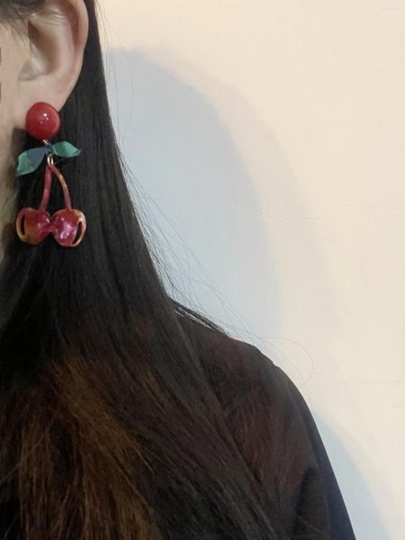 Boucles d'oreilles pendantes, mignonnes cerises, Vintage, mode rouge, Clip pour fille douce