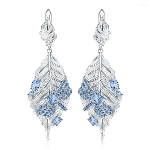 Pendientes colgantes de pendientes Juegos de joyería de topacio azul suizo natural 925 plata esterlina hojas largas Drop Mujeres