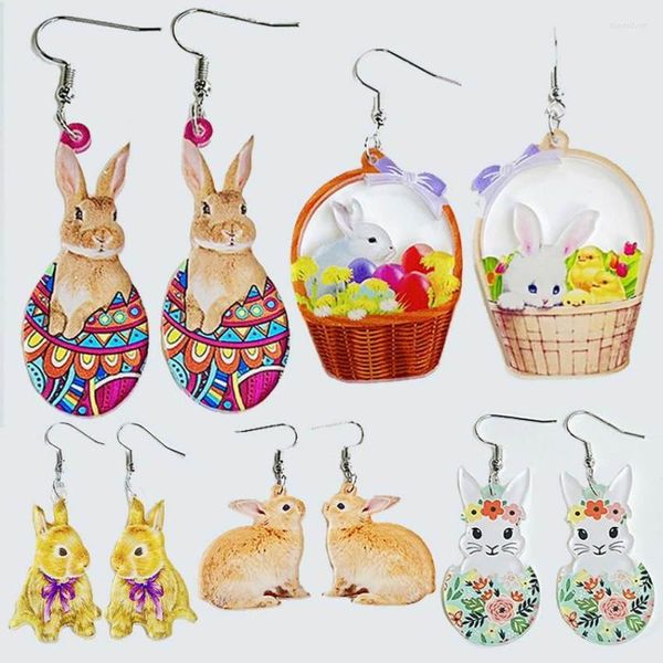 Pendientes colgantes cesta de flores de Pascua acrílico lindo impreso pollo huevo Anime Animal colgante primavera para mujeres regalo encanto