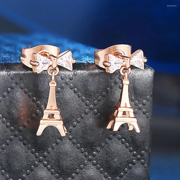 Pendientes colgantes Torre Eiffel para mujer, pendientes únicos de cristal con lazo, Color oro rosa, anillos para los oídos, accesorios, joyería de moda