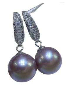 Boucles d'oreilles en peluche élégante 10-11 mm de la mer de Chine sud rond Lavande Pearl Pendant 925s Silver